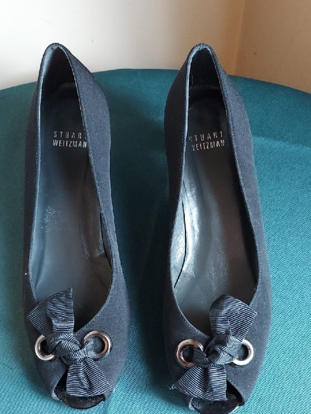 Stuart Weitzman Black Suede Peep-Toe Bow Heels 7 M